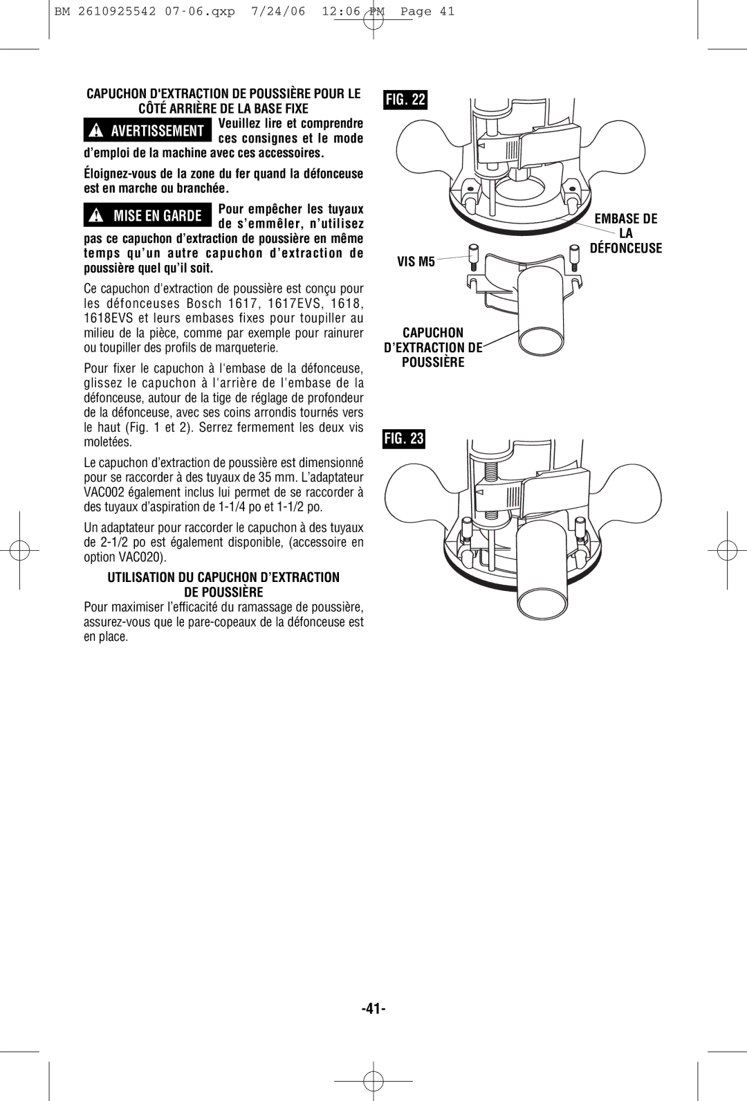 Bosch Power Tools 0 601 617 061, 1617, 1618EVS Côté Arrière DE LA Base Fixe, DE Poussière, Embase DE Défonceuse, VIS M5 