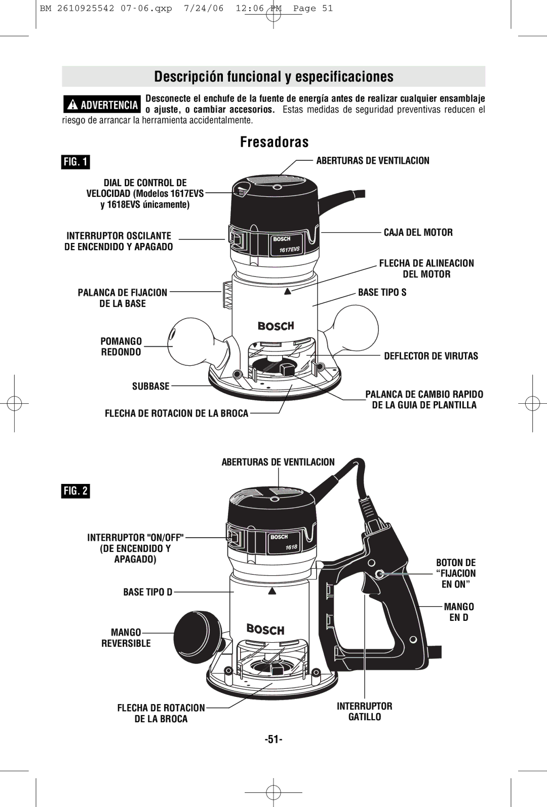 Bosch Power Tools 1618EVS, 1617EVSPK, 1617PK, 0 601 617 061 manual Descripción funcional y especificaciones, Fresadoras 