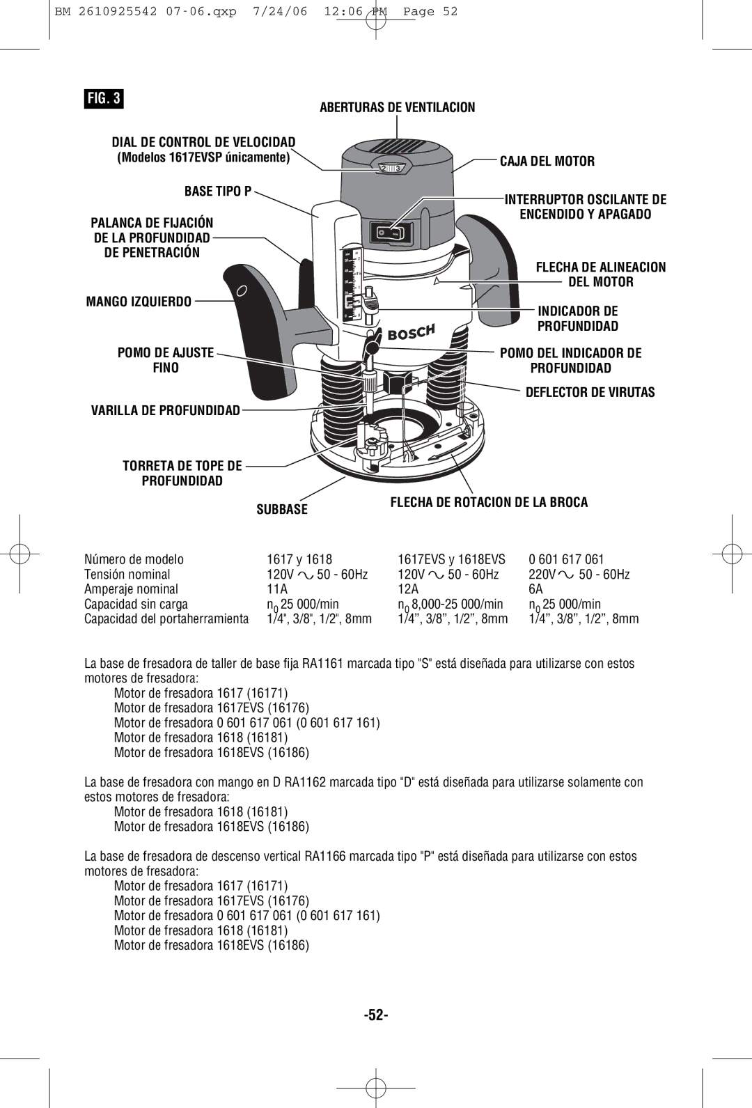 Bosch Power Tools 1617EVSPK, 1618EVS, 1617PK manual Base Tipo P, Flecha DE Alineacion DEL Motor Mango Izquierdo, Profundidad 