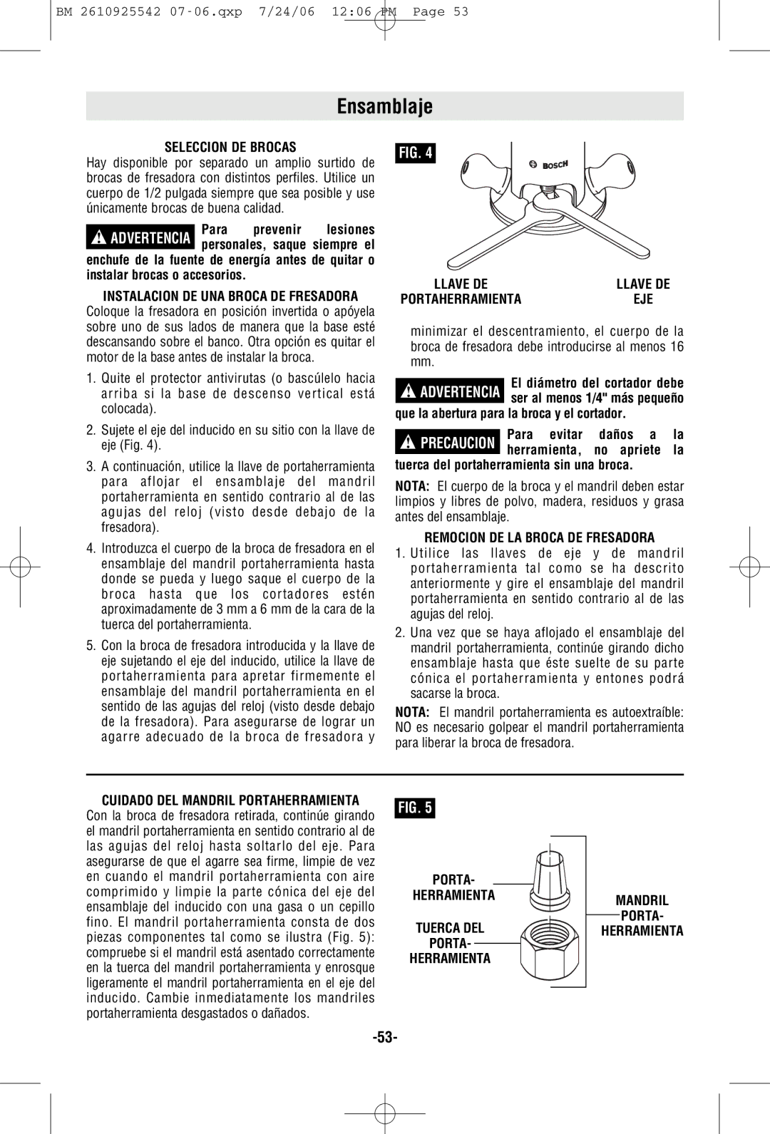 Bosch Power Tools 1618, 1617PK Ensamblaje, Seleccion DE Brocas, Remocion DE LA Broca DE Fresadora, PORTA- Herramienta 