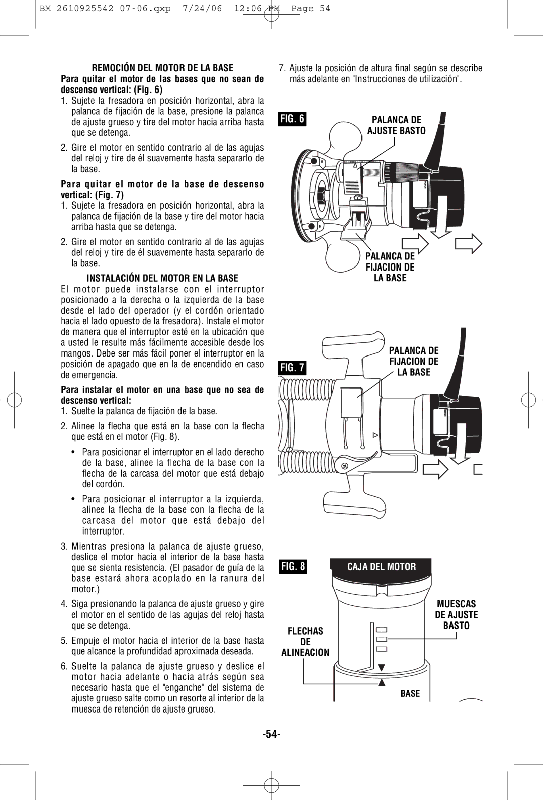 Bosch Power Tools 1617PK, 1618EVS Remoción DEL Motor DE LA Base, Para quitar el motor de la base de descenso vertical Fig 