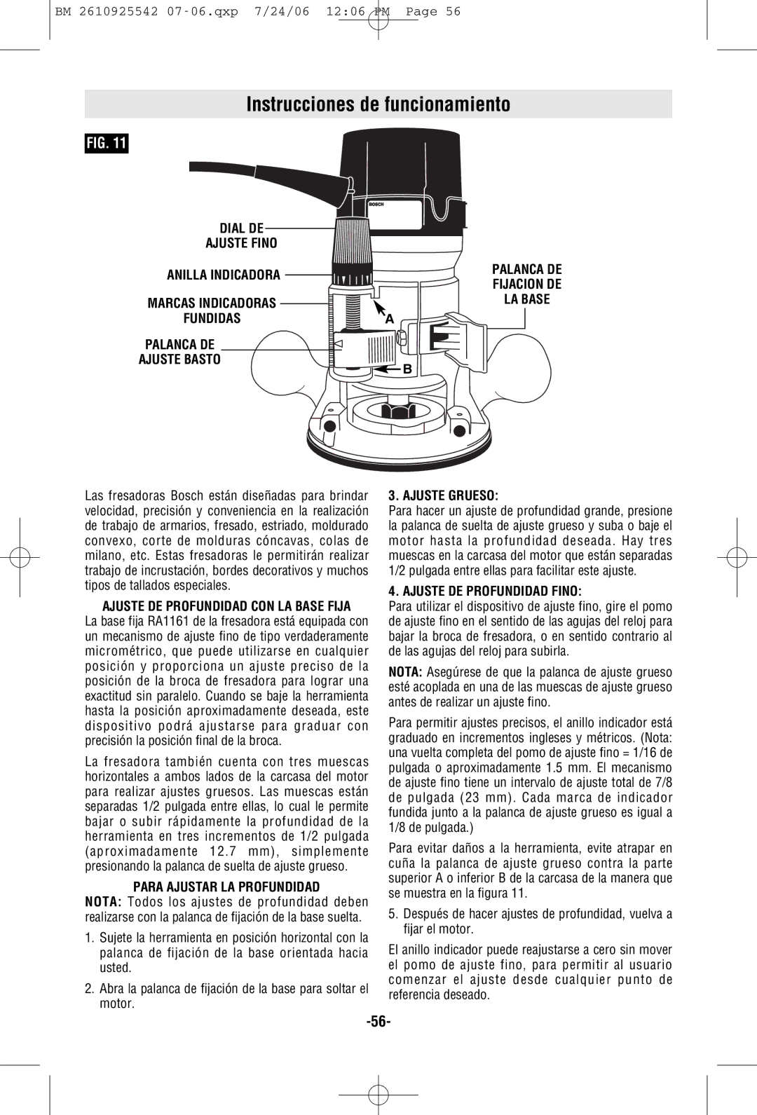 Bosch Power Tools 1618EVS, 1617EVS, 1617PK Instrucciones de funcionamiento, Para Ajustar LA Profundidad, Ajuste Grueso 