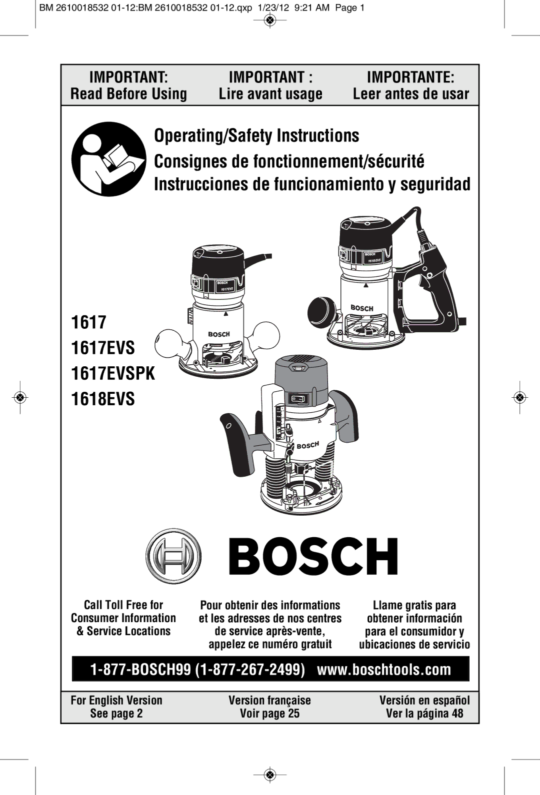 Bosch Power Tools 1618EVS, 1617, 16186 manual Leer antes de usar, BM 2610018532 01-12BM 2610018532 01-12.qxp 1/23/12 921 AM 