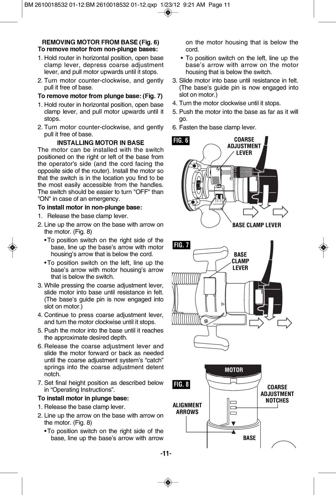 Bosch Power Tools 1617EVSTB, 1618EVS, 1617EVSPK, 16186 manual Installing Motor in Base, Base Clamp Lever 