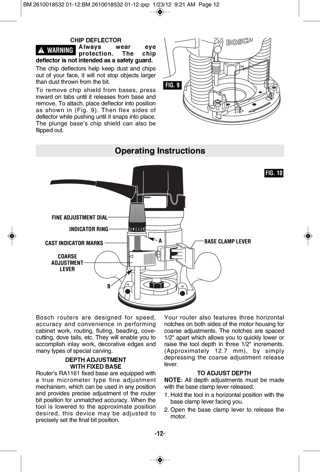 Bosch Power Tools 1617 Operating Instructions, Fine Adjustment Dial Indicator Ring Cast Indicator Marks, To Adjust Depth 