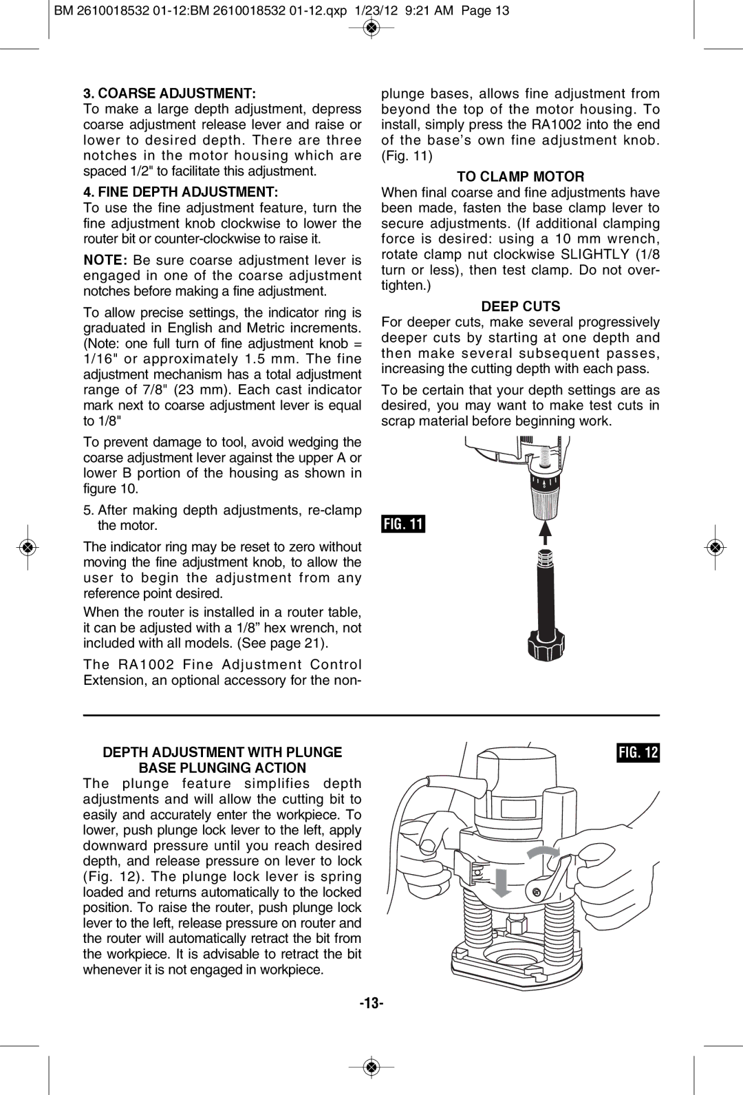 Bosch Power Tools 1618EVS, 1617EVSPK, 16186 manual Coarse Adjustment, To Clamp Motor Fine Depth Adjustment, Deep Cuts 