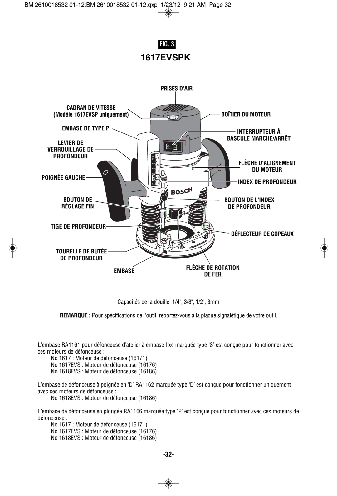 Bosch Power Tools 1618EVS, 1617EVSPK, 16186 manual Modéle 1617EVSP uniquement, Tige DE Profondeur Déflecteur DE Copeaux 