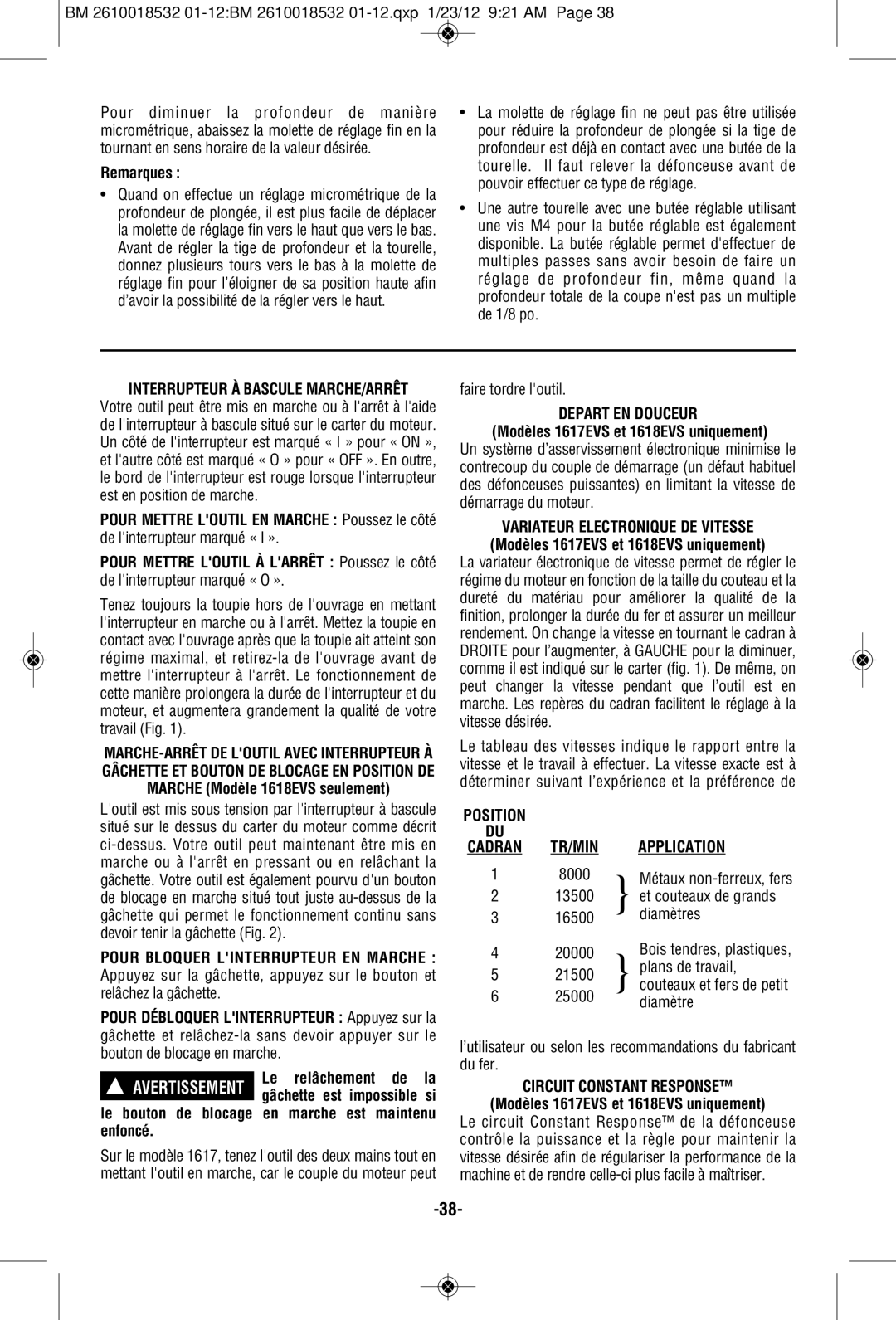 Bosch Power Tools 1618EVS, 1617EVSPK, 16186, 1617EVSTB manual TR/MIN Application, Circuit Constant Response 