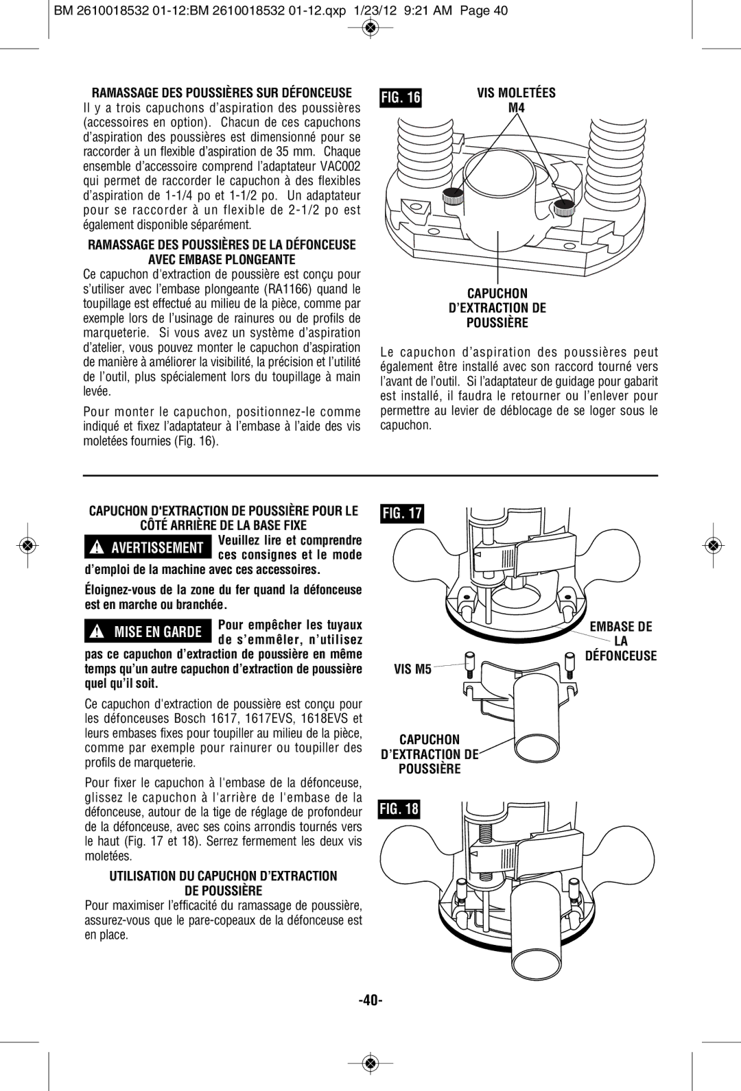 Bosch Power Tools 16186, 1617 manual Avec Embase Plongeante, Capuchon ’EXTRACTION DE Poussière, Embase DE Défonceuse, VIS M5 