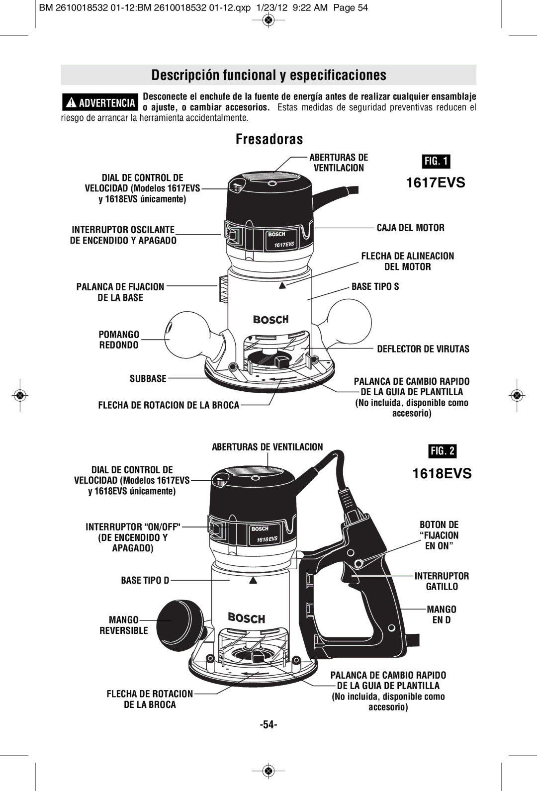 Bosch Power Tools 1617 manual Descripción funcional y especificaciones, Fresadoras, Subbase, Flecha DE Rotacion DE LA Broca 