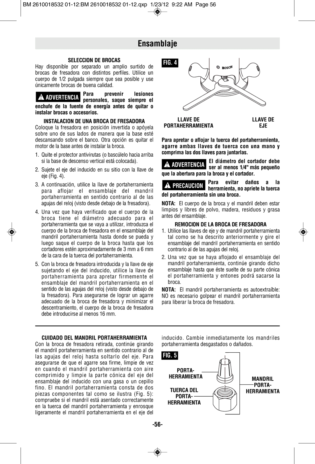 Bosch Power Tools 1617EVS, 1618EVS Ensamblaje, Seleccion DE Brocas, Remocion DE LA Broca DE Fresadora, PORTA- Herramienta 