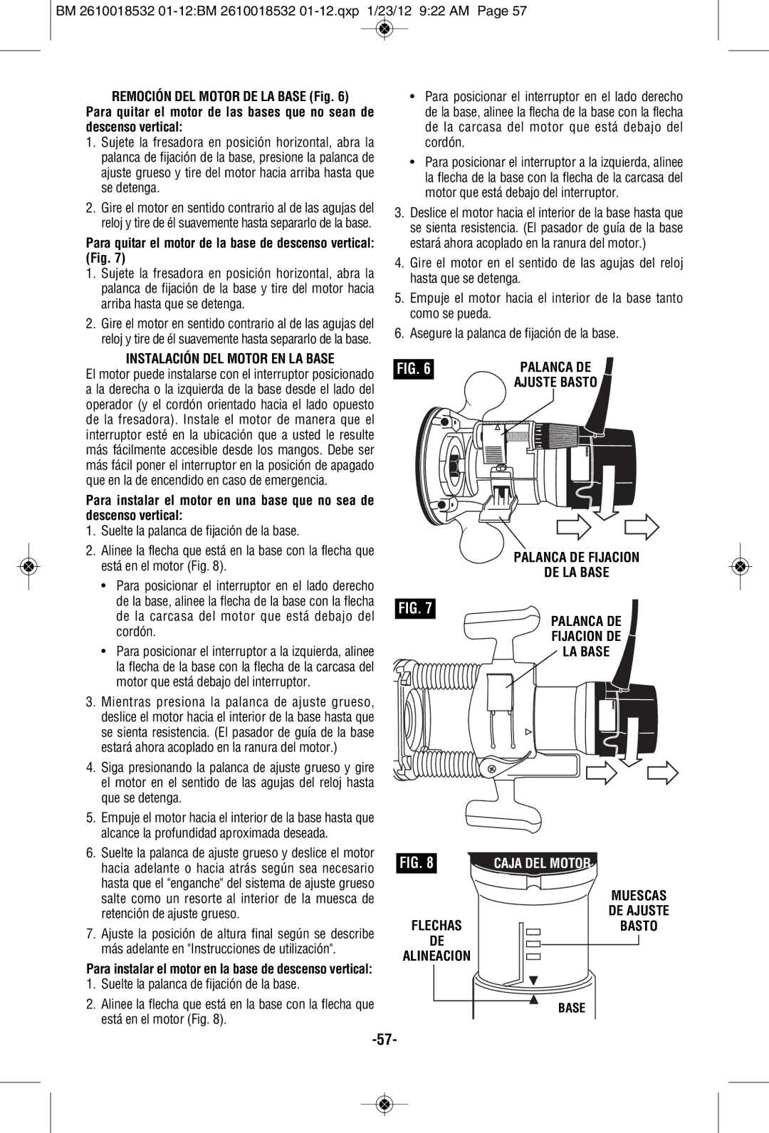 Bosch Power Tools 1617EVSPK Para quitar el motor de la base de descenso vertical Fig, Instalación DEL Motor EN LA Base 