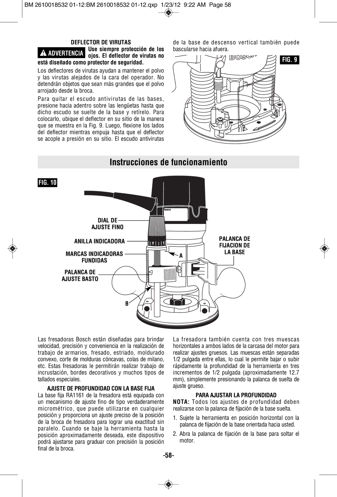 Bosch Power Tools 16186, 1617, 1618EVS Instrucciones de funcionamiento, Deflector DE Virutas, Para Ajustar LA Profundidad 