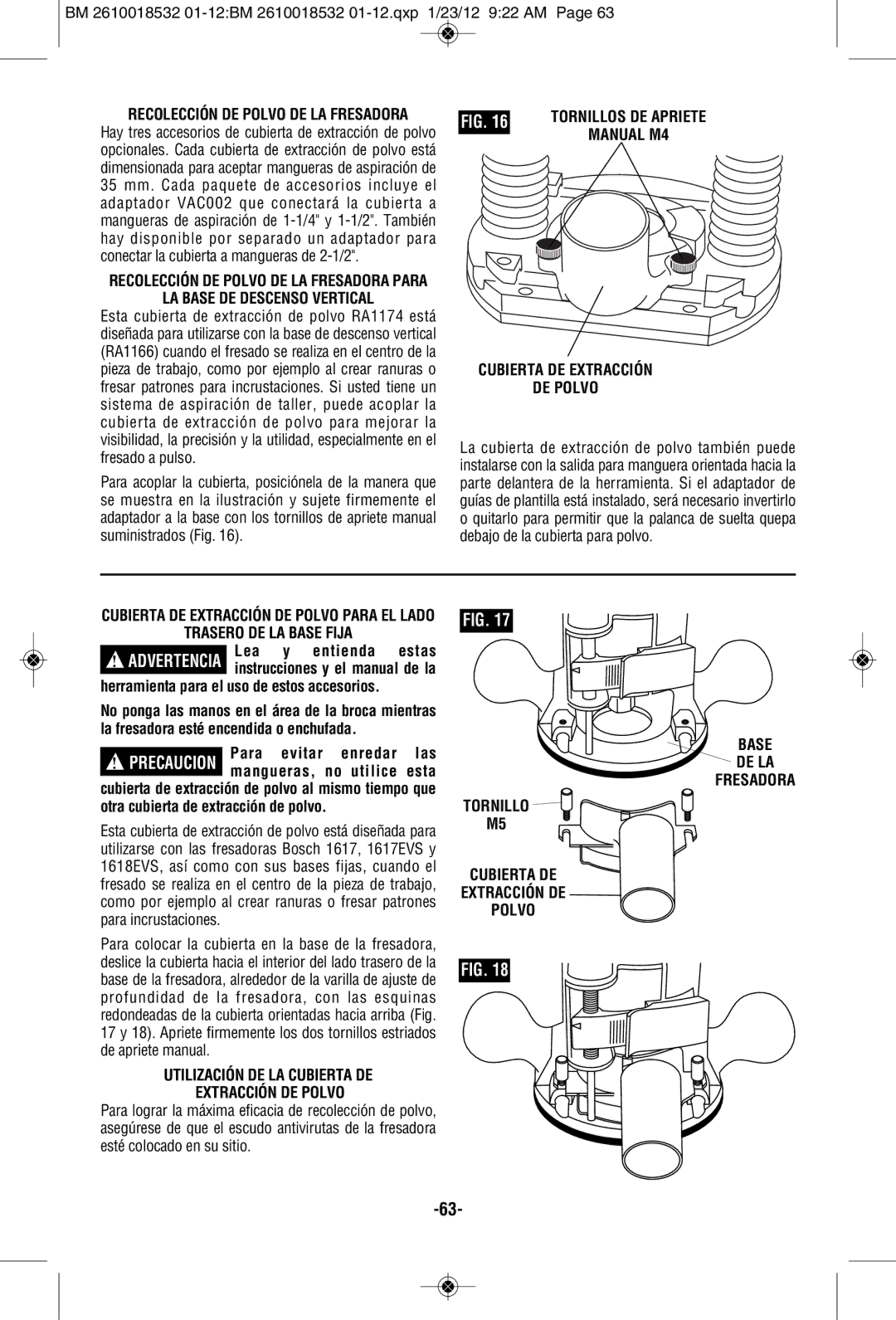 Bosch Power Tools 1617EVSPK, 1618EVS, 16186 manual LA Base DE Descenso Vertical, Manual M4, Cubierta DE Extracción DE Polvo 