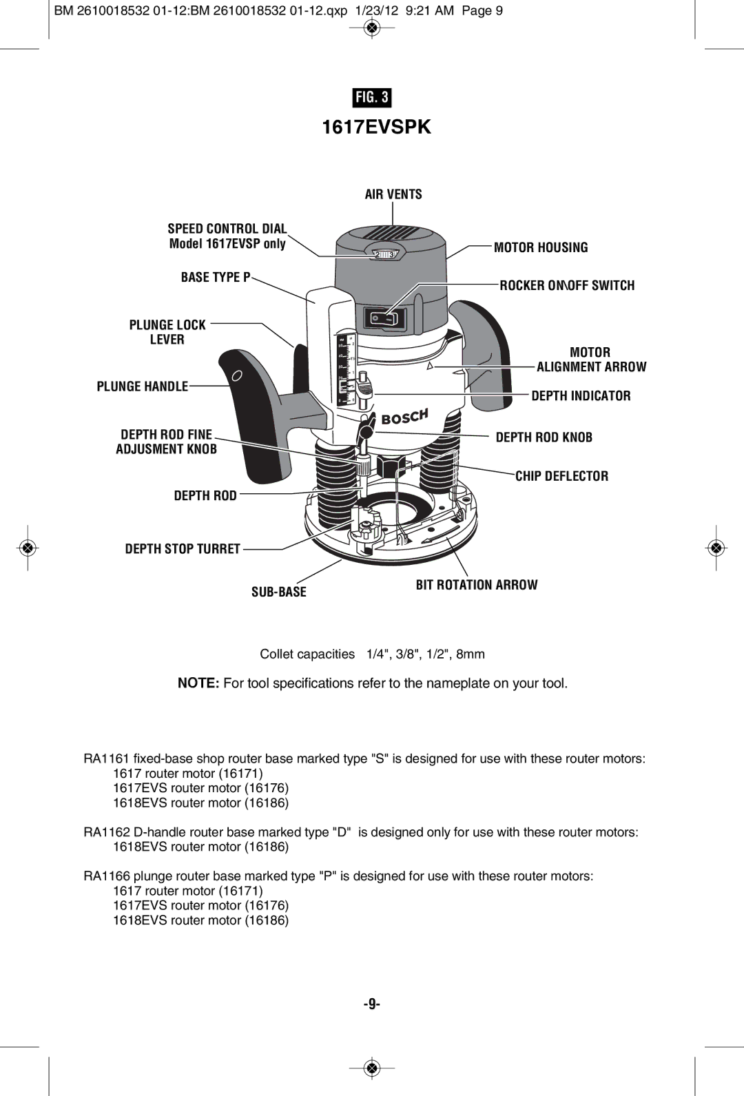 Bosch Power Tools 1617EVSPK, 1618EVS, 16186 Speed Control Dial, Motor Housing, Base Type P, Depth ROD Knob Chip Deflector 