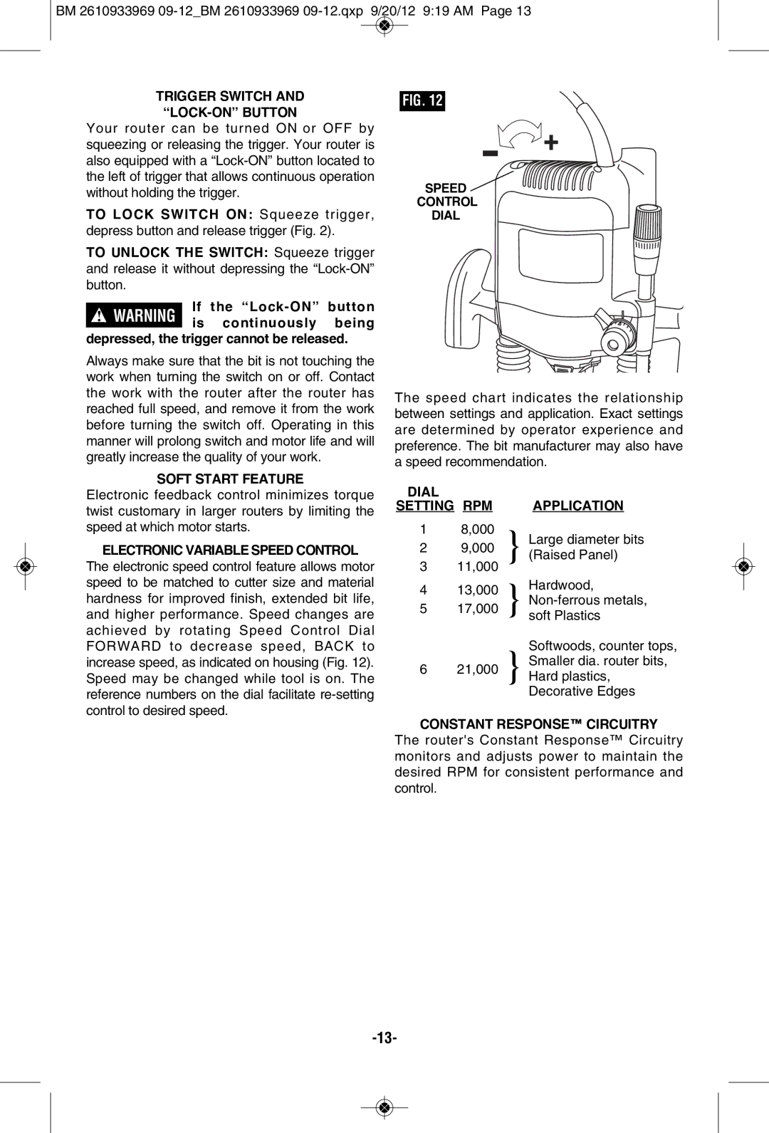 Bosch Power Tools 1619EVS manual Trigger Switch and LOCK-ON Button, Soft Start Feature, Electronic Variable Speed Control 