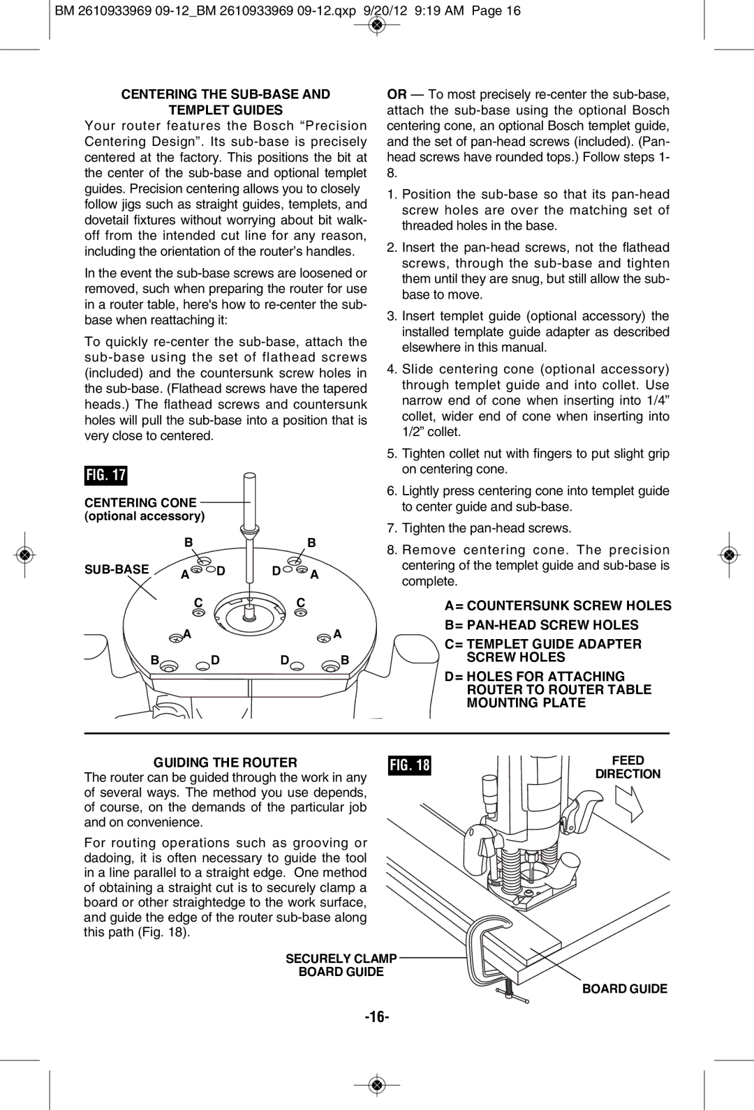 Bosch Power Tools 1619EVS manual Centering the SUB-BASE Templet Guides 