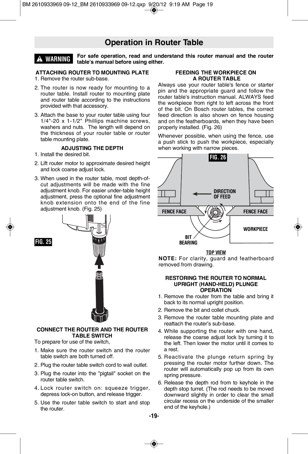 Bosch Power Tools 1619EVS manual Operation in Router Table, Attaching Router to Mounting Plate 