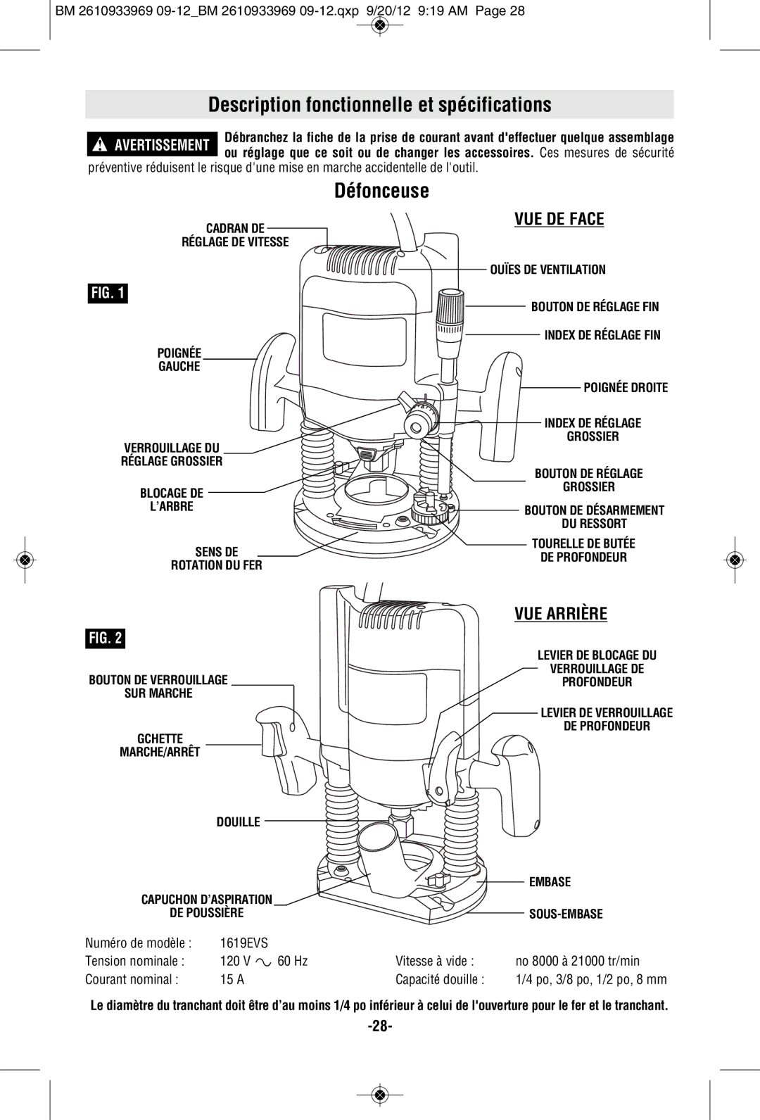 Bosch Power Tools 1619EVS manual Description fonctionnelle et spécifications, Défonceuse 