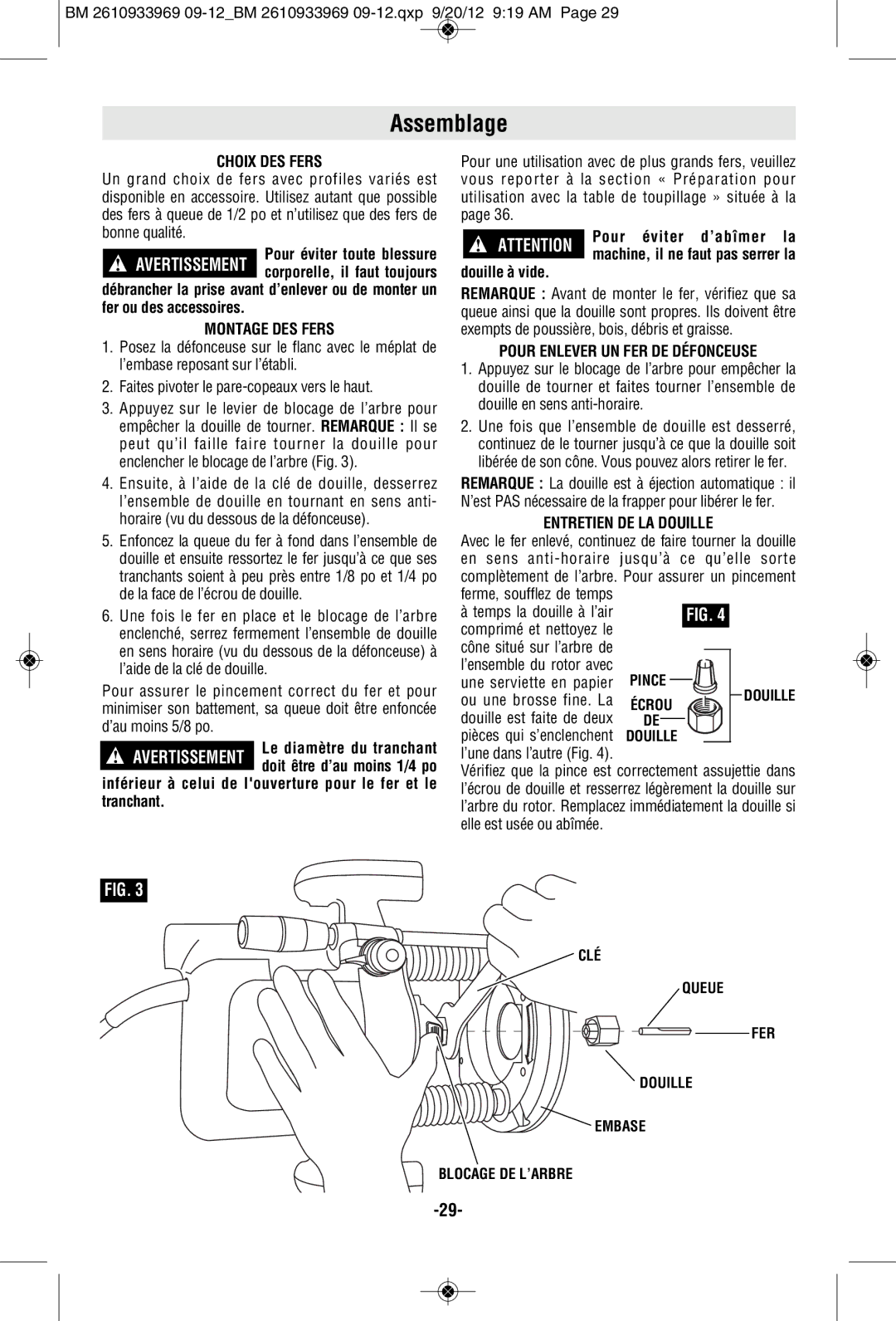 Bosch Power Tools 1619EVS manual Assemblage, Choix DES Fers, Montage DES Fers, Pour Enlever UN FER DE Défonceuse 