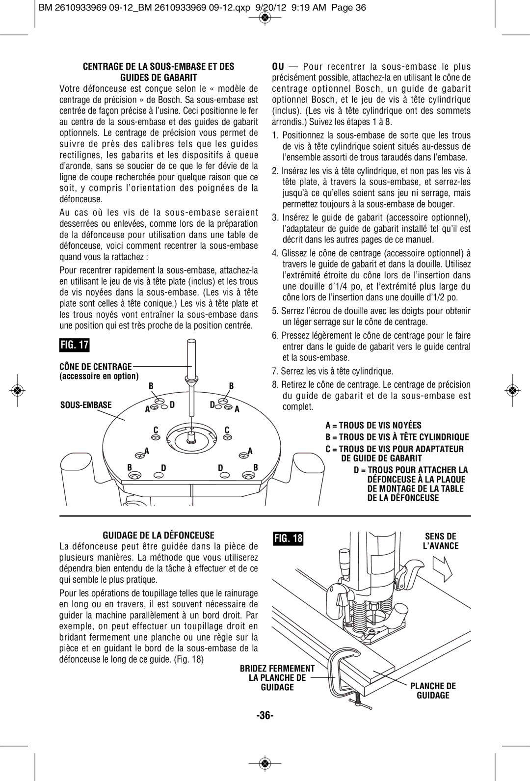 Bosch Power Tools 1619EVS manual Centrage DE LA SOUS-EMBASE ET DES Guides DE Gabarit 