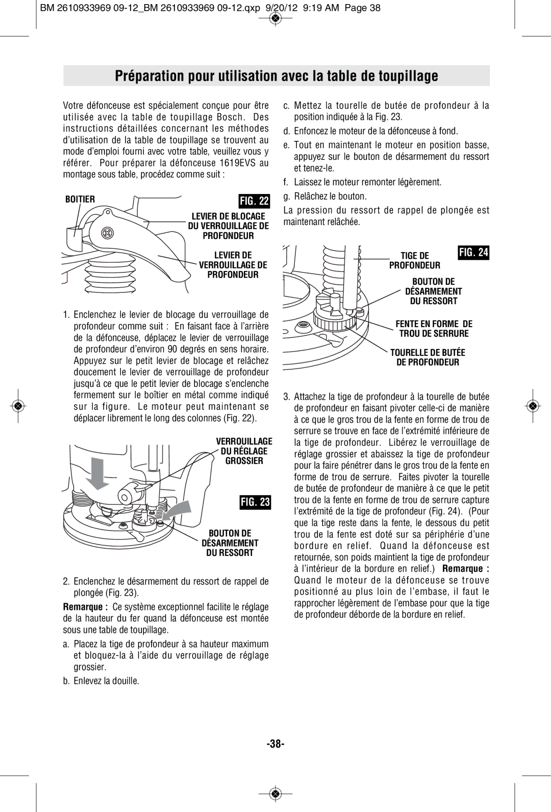 Bosch Power Tools 1619EVS manual Préparation pour utilisation avec la table de toupillage, Profondeur Levier DE 