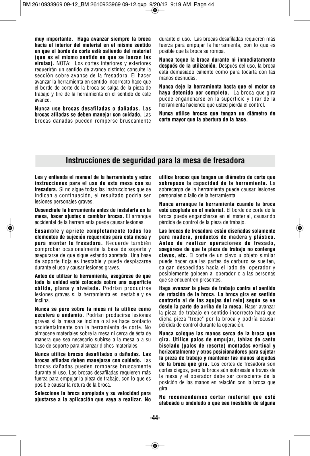 Bosch Power Tools 1619EVS manual Instrucciones de seguridad para la mesa de fresadora 