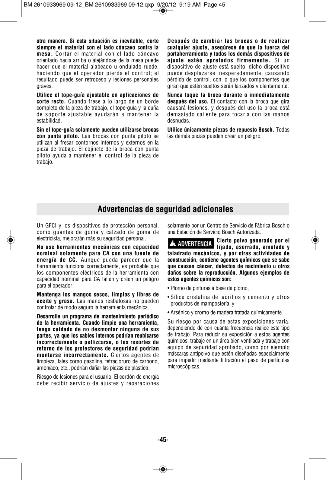 Bosch Power Tools 1619EVS manual Advertencias de seguridad adicionales 