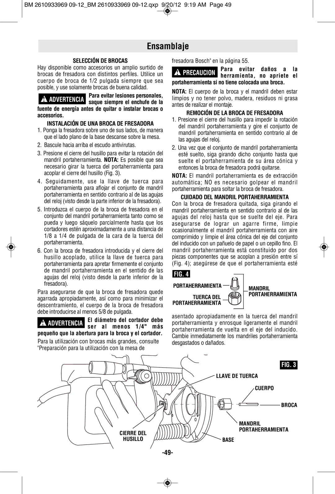 Bosch Power Tools 1619EVS manual Ensamblaje, Selección DE Brocas, Remoción DE LA Broca DE Fresadora 