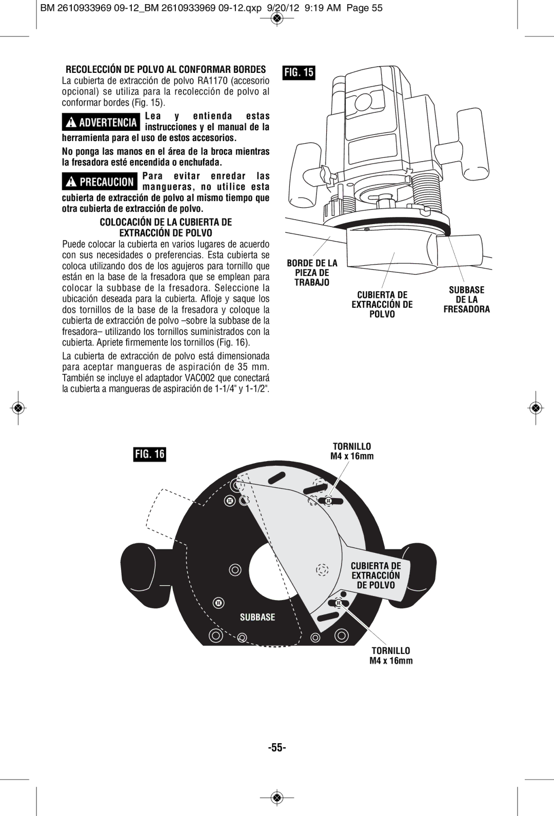 Bosch Power Tools 1619EVS Lea y entienda estas, Para evitar Enredar, Colocación DE LA Cubierta DE Extracción DE Polvo 