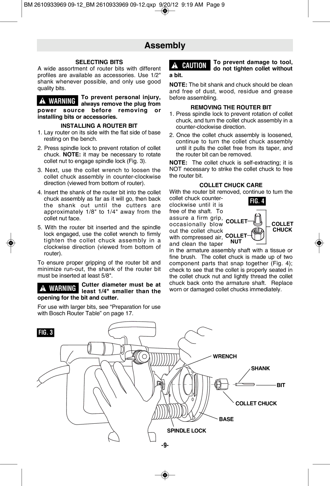 Bosch Power Tools 1619EVS Assembly, Selecting Bits, Installing a Router BIT, Removing the Router BIT, Collet Chuck Care 