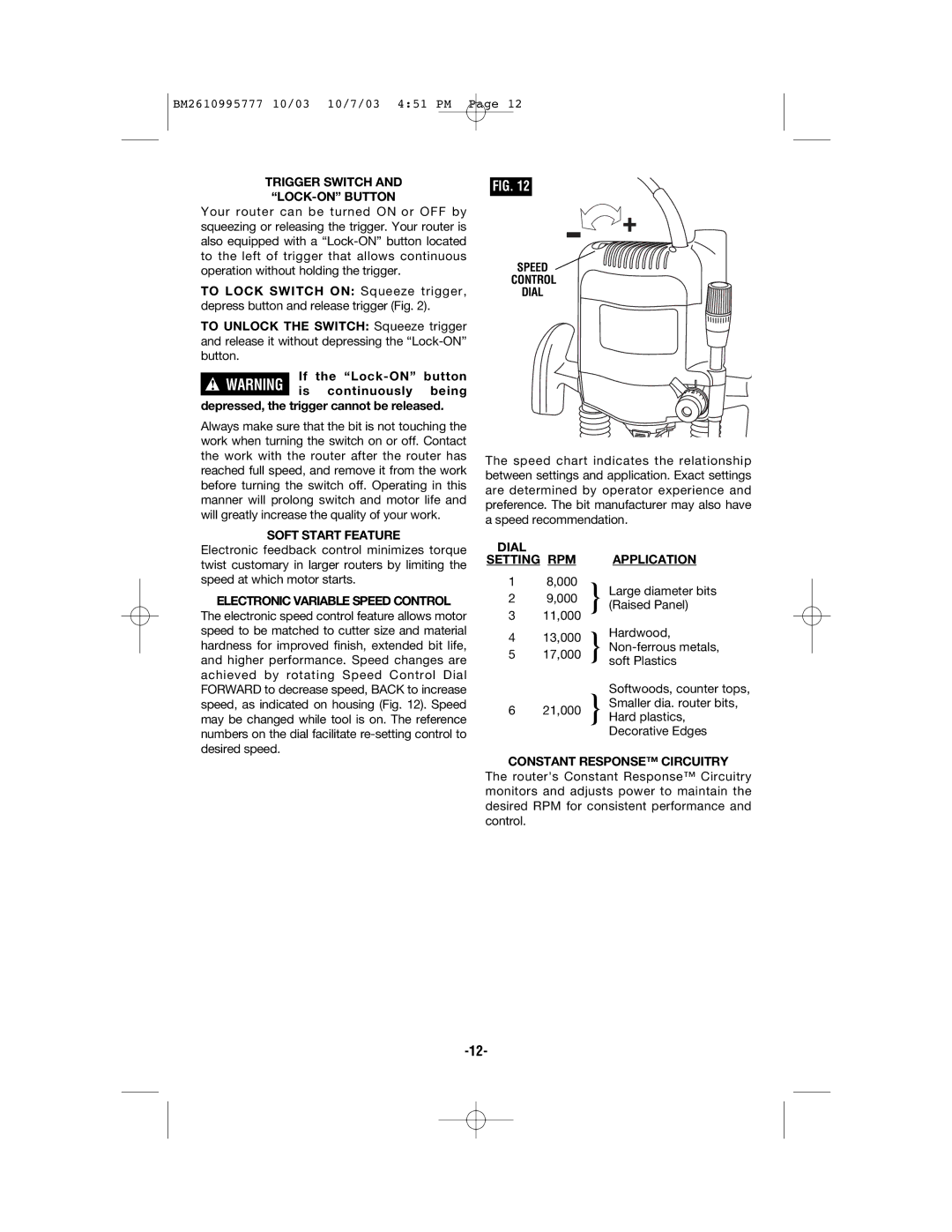 Bosch Power Tools 1619EVS manual Trigger Switch and LOCK-ON Button, Soft Start Feature, Electronic Variable Speed Control 