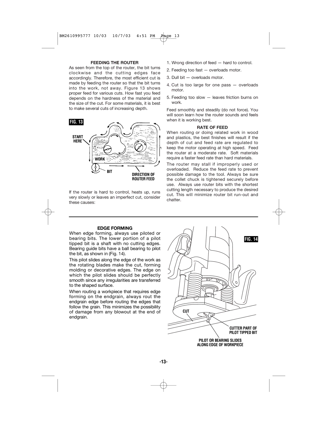 Bosch Power Tools 1619EVS manual Feeding the Router, Rate of Feed, Edge Forming, Start Here Work BIT Direction Router Feed 