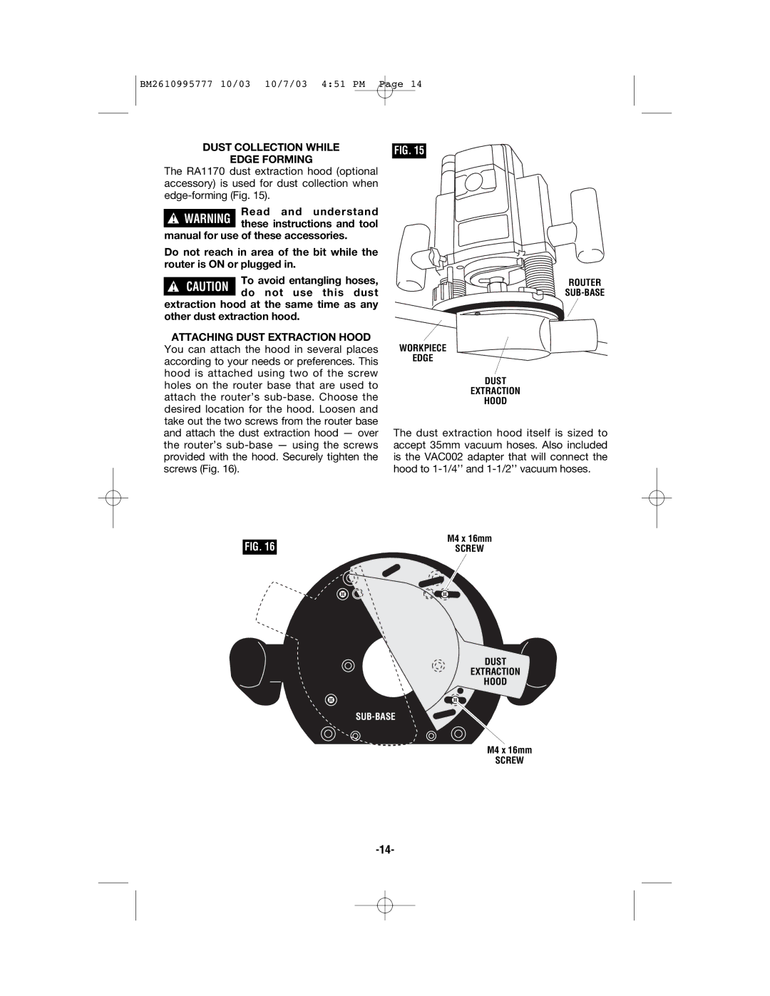 Bosch Power Tools 1619EVS manual Dust Collection While Edge Forming, Attaching Dust Extraction Hood 