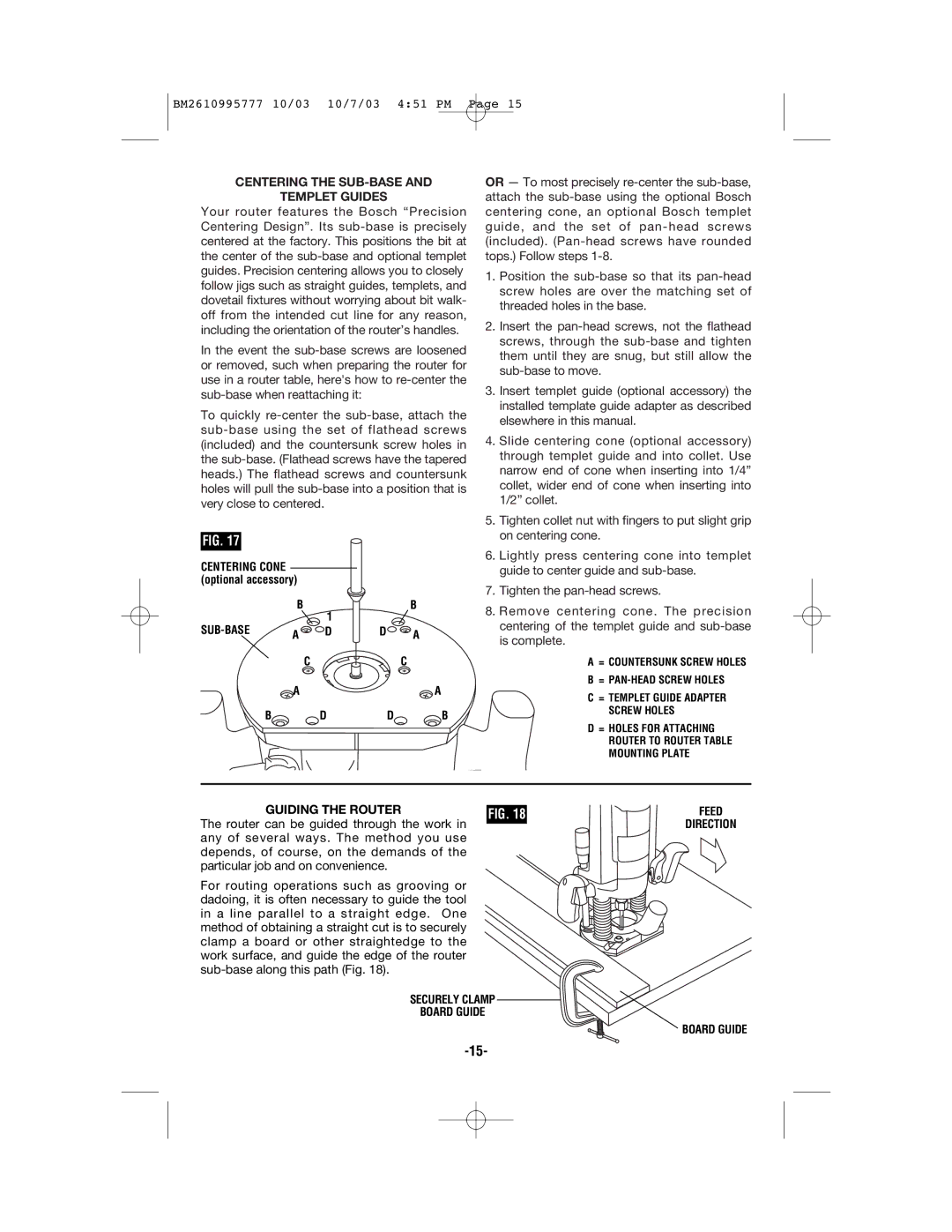 Bosch Power Tools 1619EVS manual Centering the SUB-BASE Templet Guides, Securely Clamp Board Guide Feed Direction 