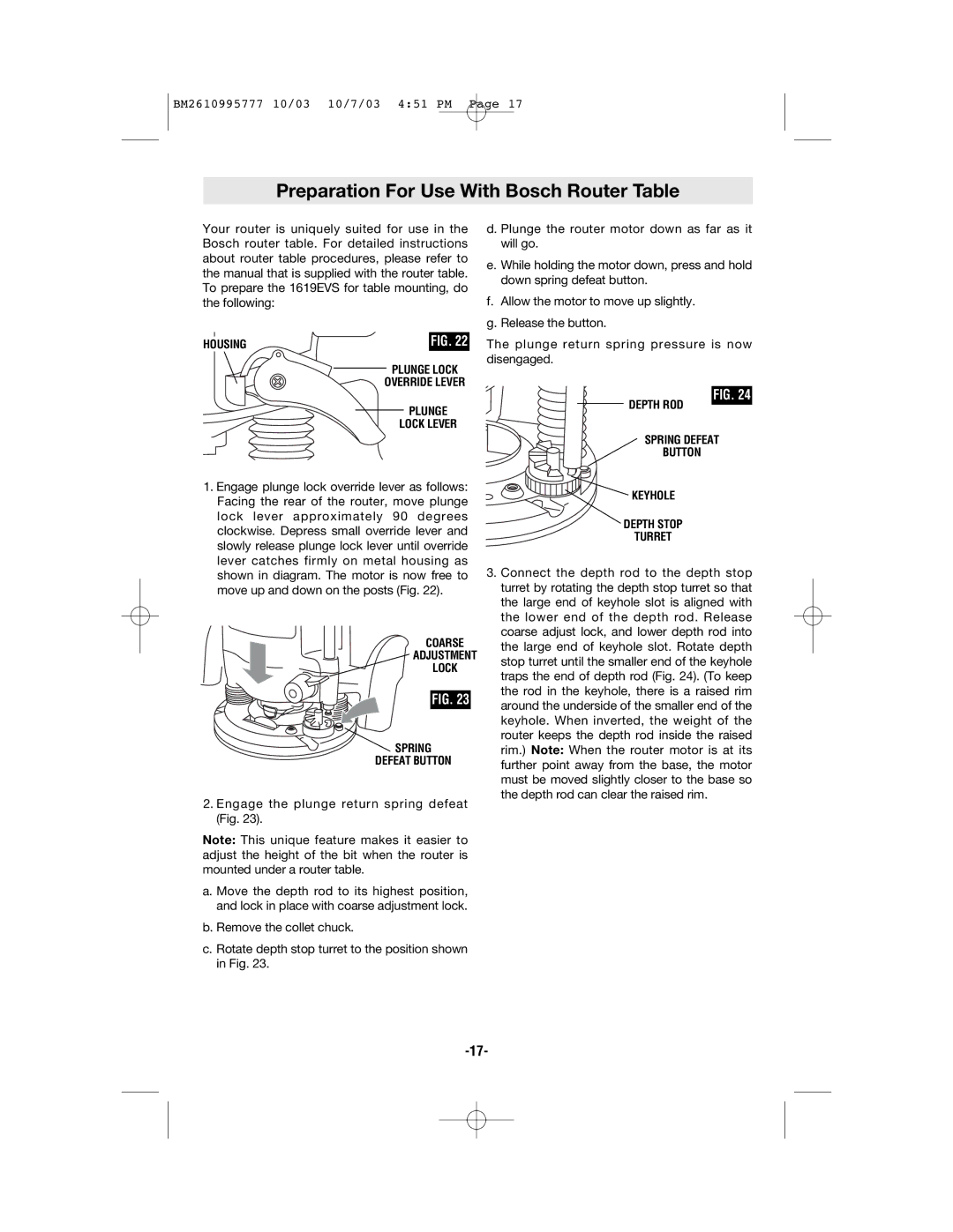 Bosch Power Tools 1619EVS manual Preparation For Use With Bosch Router Table, Plunge Lock Lever 