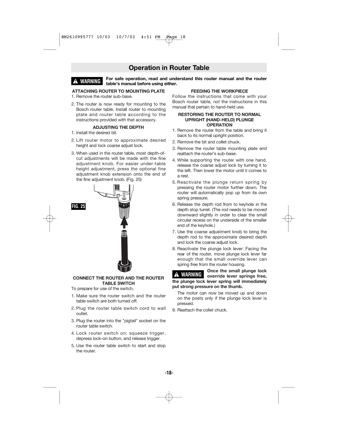 Bosch Power Tools 1619EVS manual Operation in Router Table, Attaching Router to Mounting Plate, Adjusting the Depth 