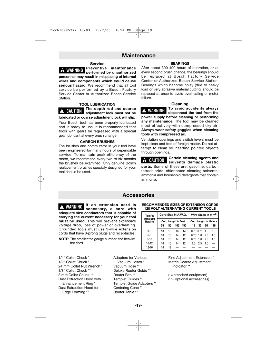 Bosch Power Tools 1619EVS manual Maintenance, Accessories, Tool Lubrication, Carbon Brushes, Bearings 