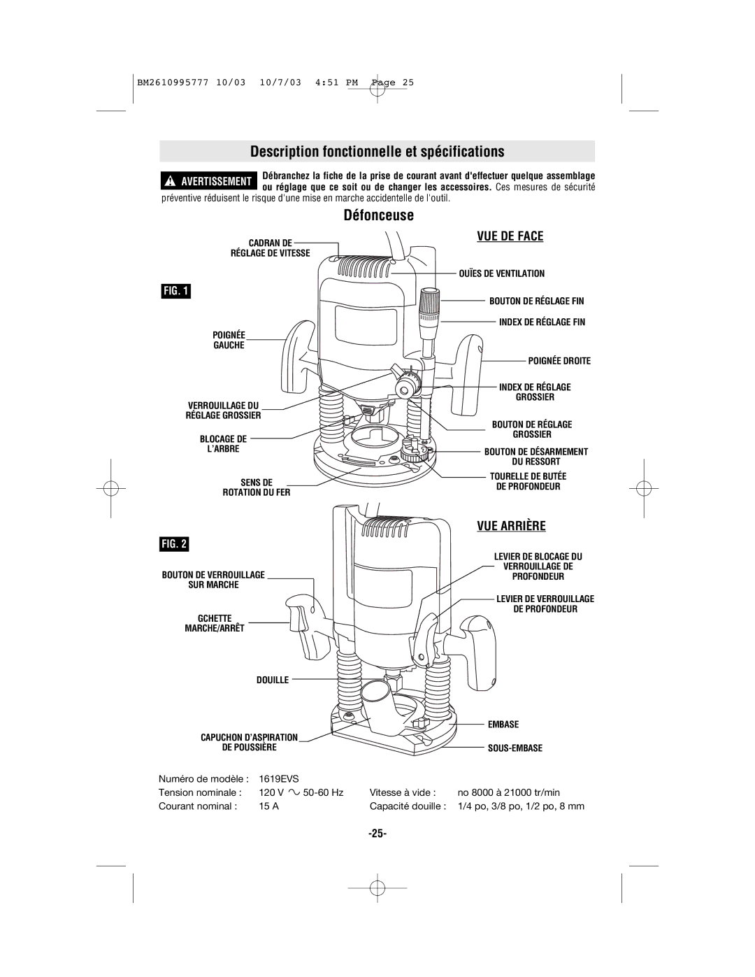 Bosch Power Tools 1619EVS manual Description fonctionnelle et spécifications, Défonceuse 