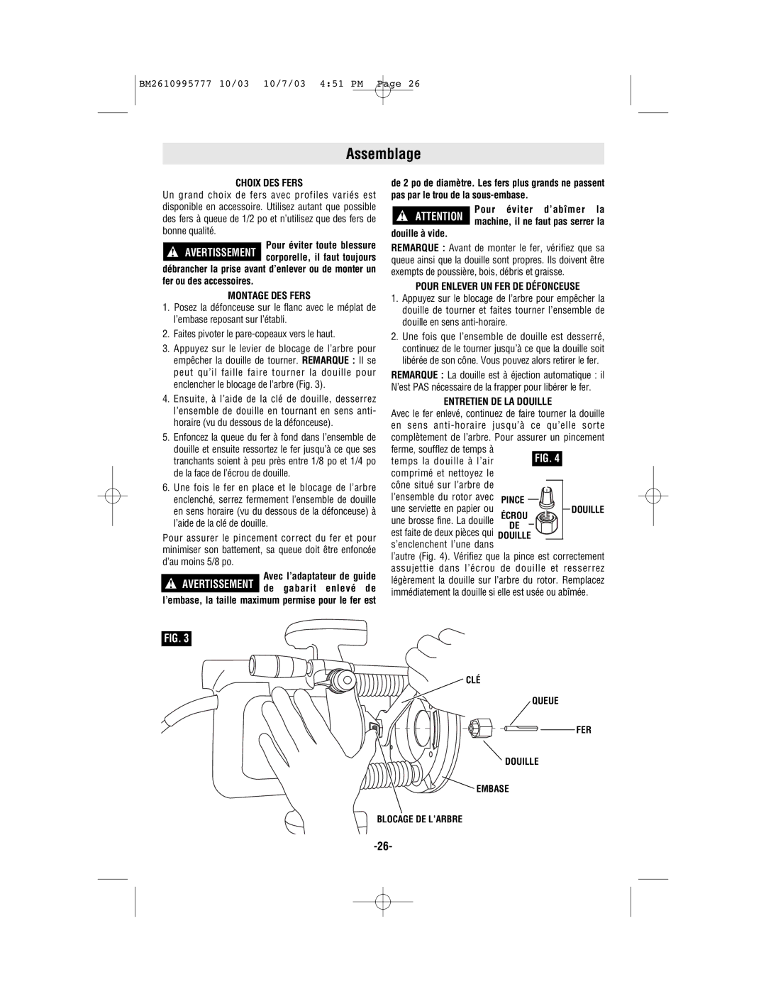 Bosch Power Tools 1619EVS manual Assemblage, Choix DES Fers, Montage DES Fers, Pour Enlever UN FER DE Défonceuse 