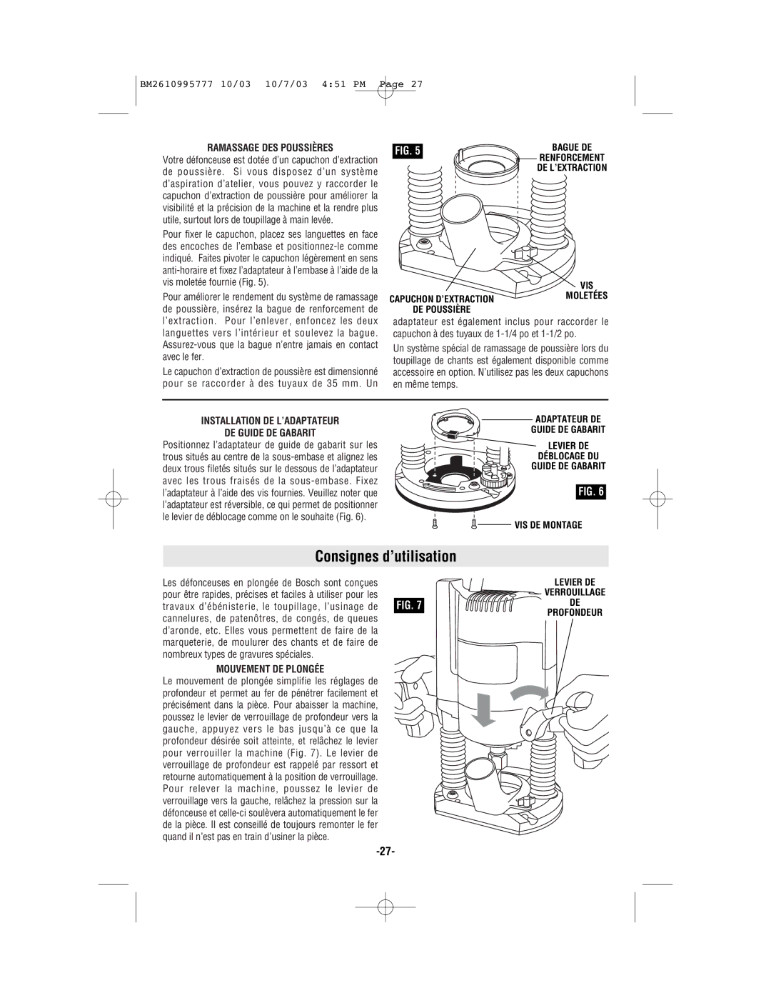 Bosch Power Tools 1619EVS manual Consignes d’utilisation, Ramassage DES Poussières, Mouvement DE Plongée 