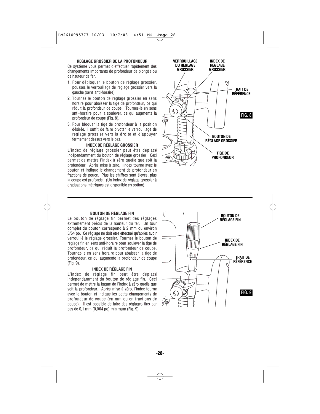 Bosch Power Tools 1619EVS manual Réglage Grossier DE LA Profondeur, Index DE Réglage Grossier, Bouton DE Réglage FIN 