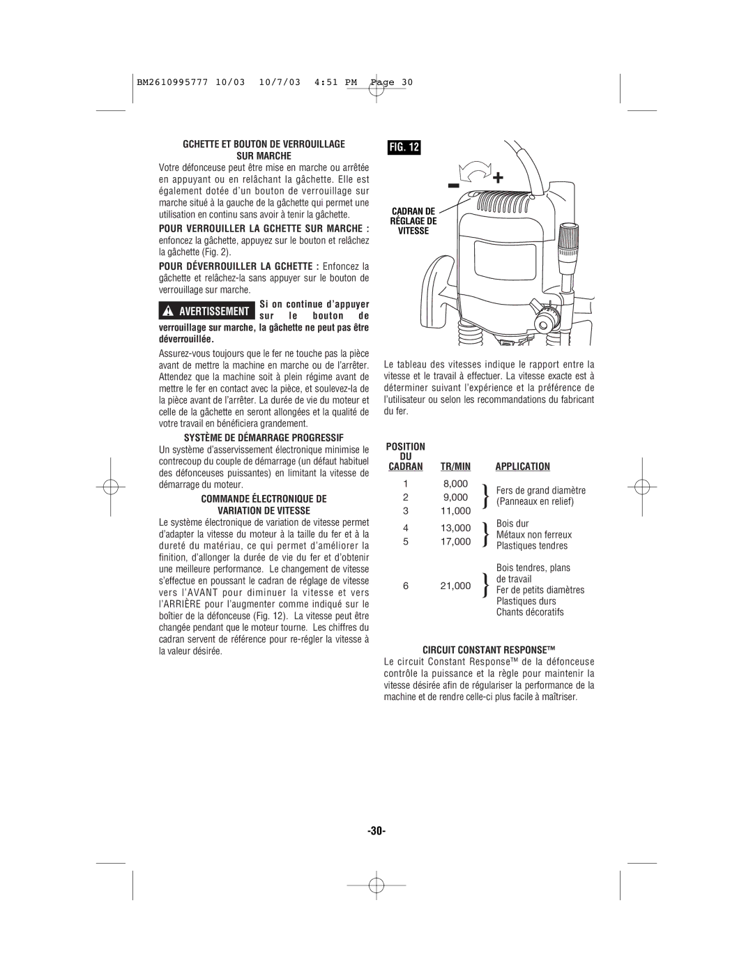 Bosch Power Tools 1619EVS manual Gchette ET Bouton DE Verrouillage SUR Marche, Système DE Démarrage Progressif 