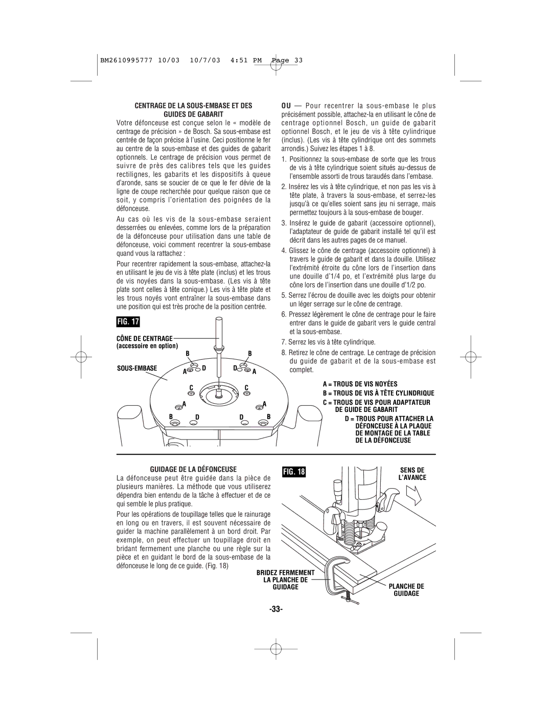 Bosch Power Tools 1619EVS manual Centrage DE LA SOUS-EMBASE ET DES Guides DE Gabarit, DE LA Défonceuse 