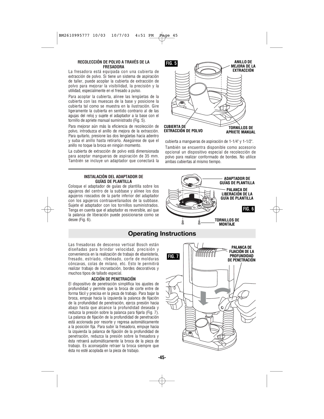 Bosch Power Tools 1619EVS manual Fresadora, Cubierta a mangueras de aspiración de 1-1/4 y 1-1/2, Acción DE Penetración 