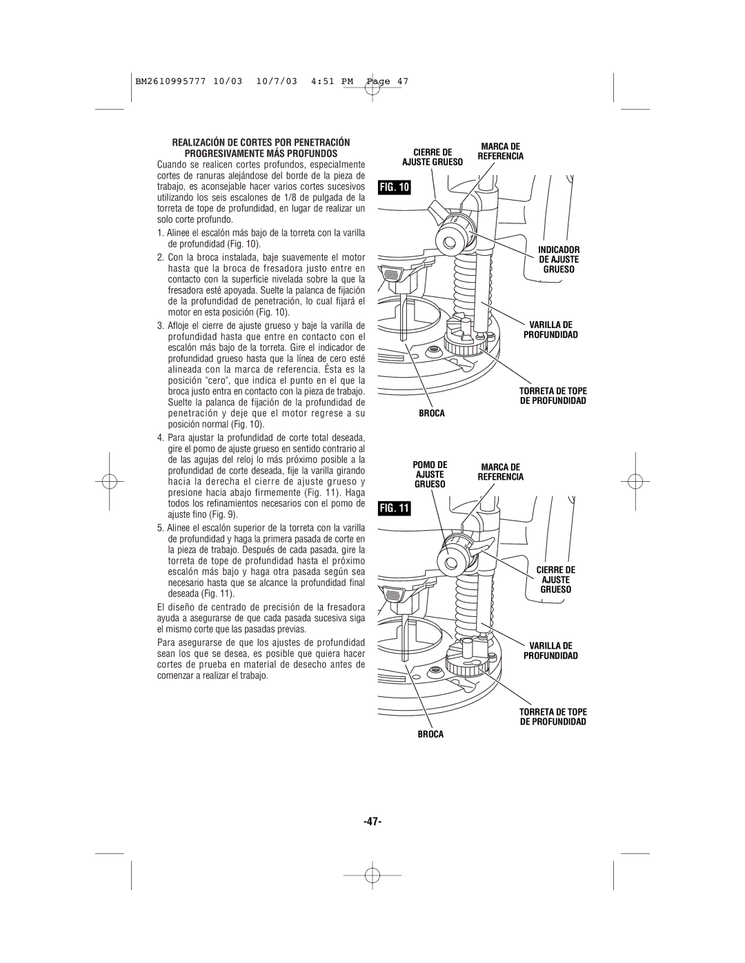 Bosch Power Tools 1619EVS manual Marca DE Cierre DE Referencia Ajuste Grueso, Varilla DE Profundidad Torreta DE Tope Broca 