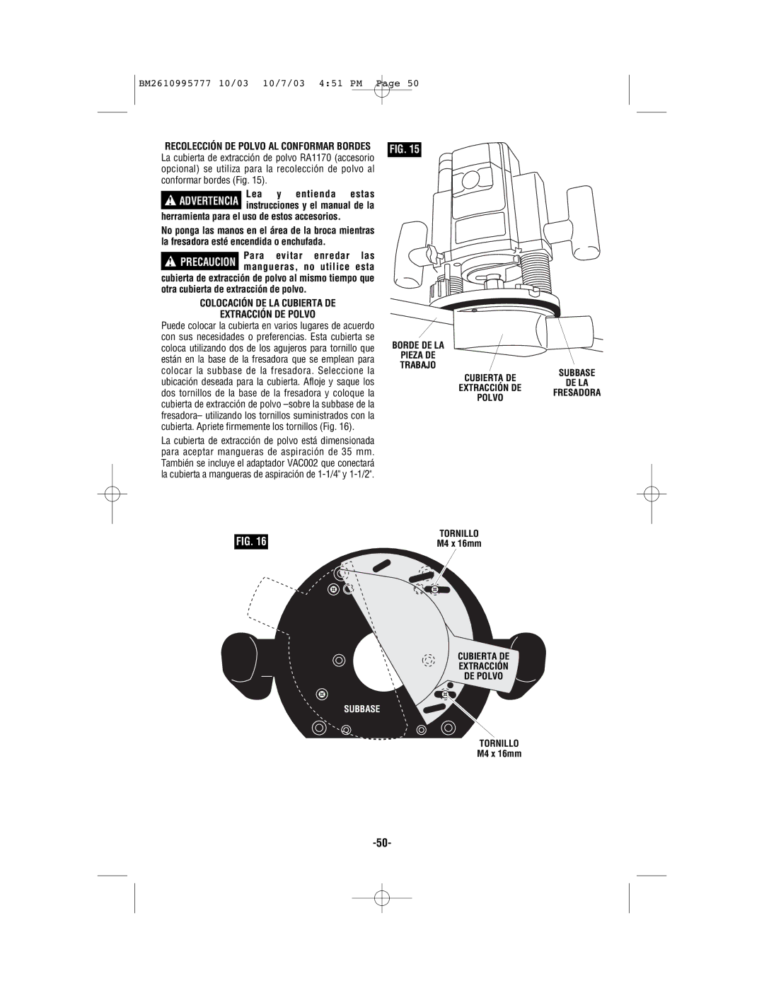 Bosch Power Tools 1619EVS manual Colocación DE LA Cubierta DE Extracción DE Polvo, Tornillo 