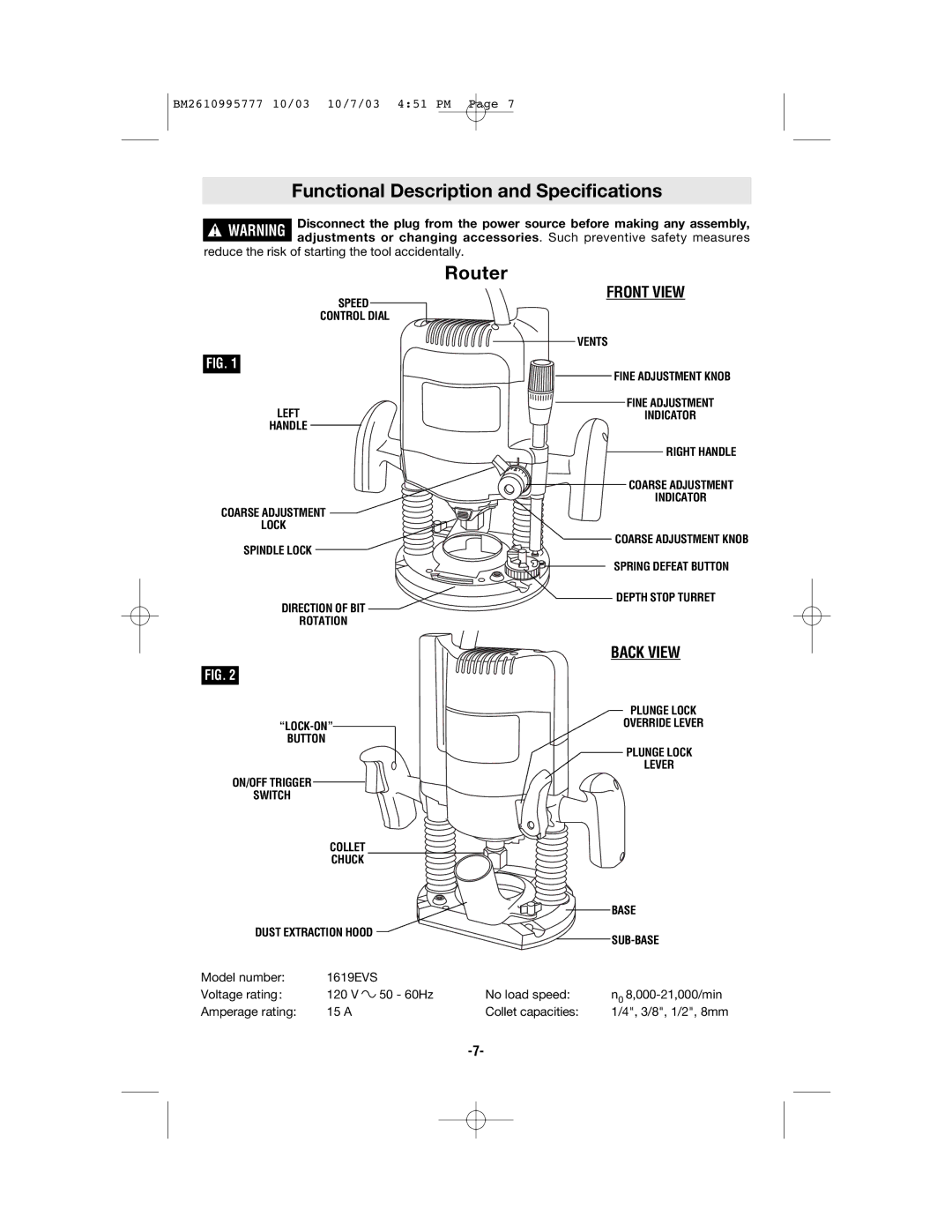 Bosch Power Tools 1619EVS Functional Description and Specifications, Router, Plunge Lock Override Lever Base SUB-BASE 