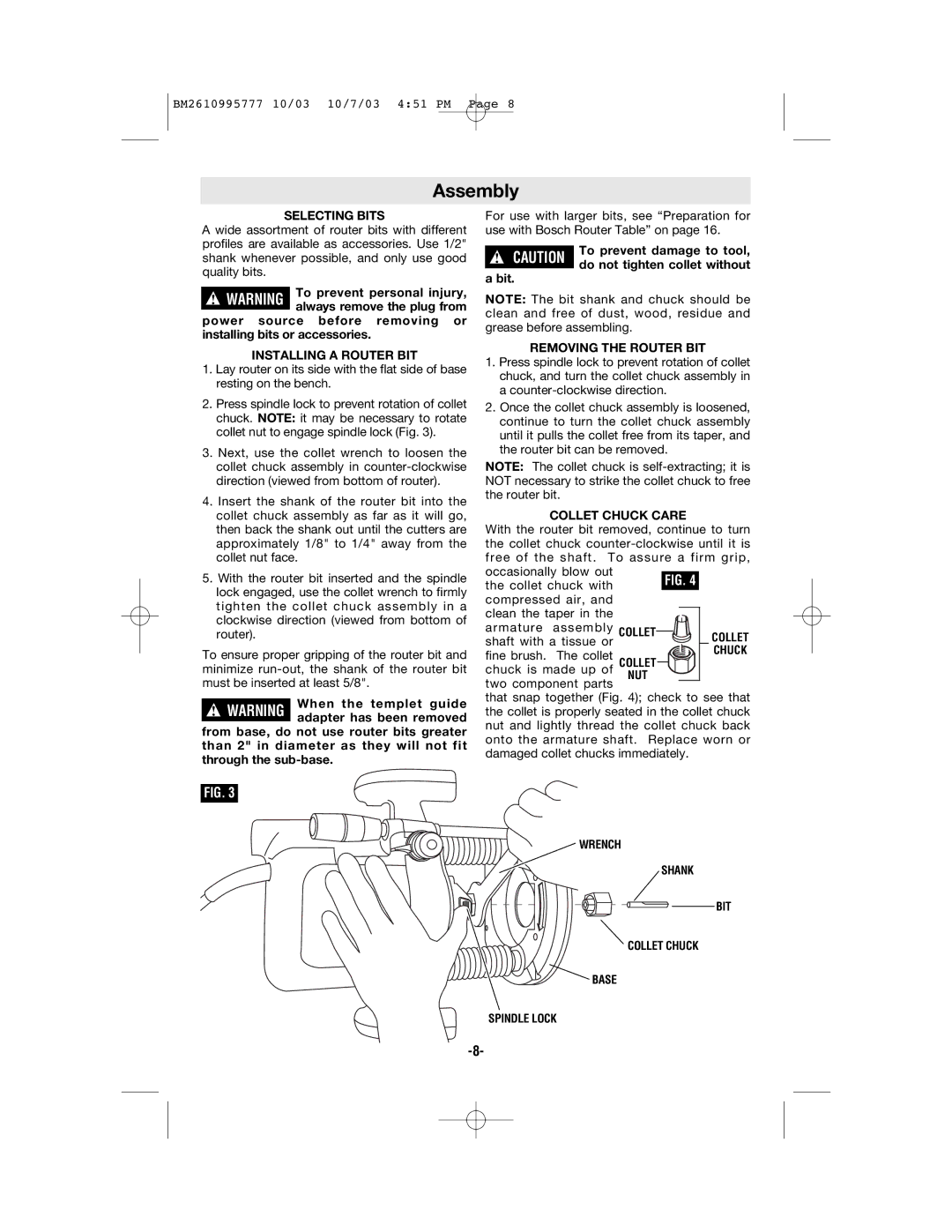 Bosch Power Tools 1619EVS Assembly, Selecting Bits, Installing a Router BIT, Removing the Router BIT, Collet Chuck Care 