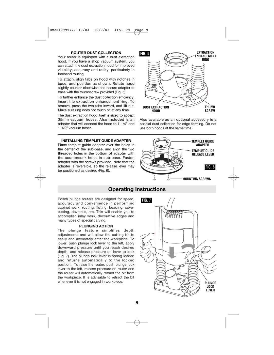 Bosch Power Tools 1619EVS manual Operating Instructions, Router Dust Collection, Installing Templet Guide Adapter 